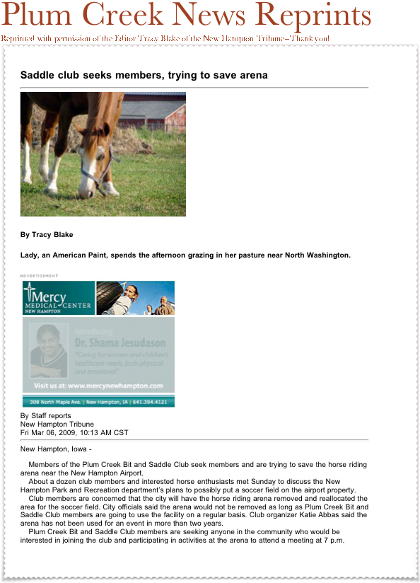 Plum Creek News Reprints
Reprinted with permission of the Editor Tracy Blake of the New Hampton Tribune--Thank you!  ￼